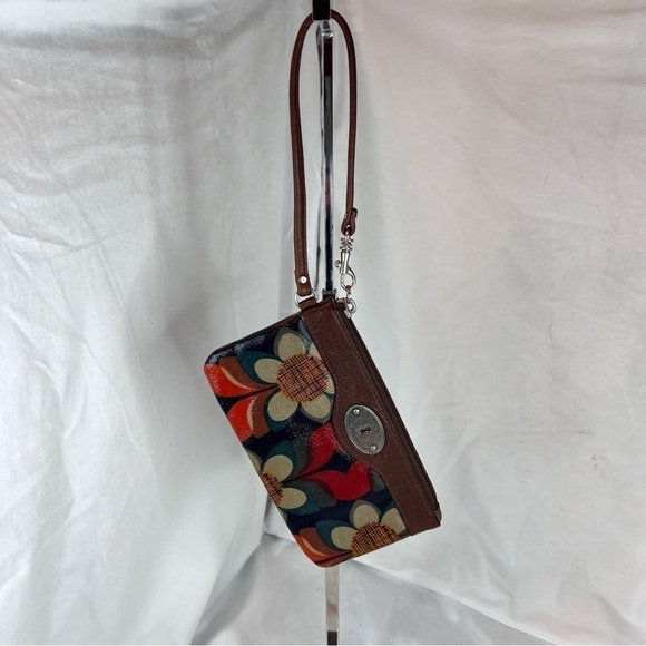 Fossil Wristlet Key-Per Vintage Boho Daisy Floral Print Leather Trim 7x4 - Picture 8 of 8